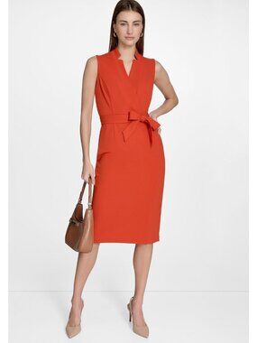 Calvin Klein Sleeveless V-Neck Orange Belted Sheath Dress